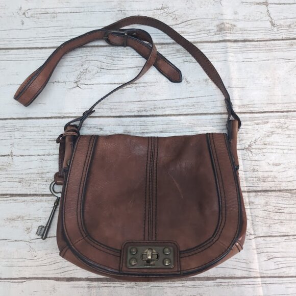 Authentic Fossil Leather Satchel Crossbody Saddle Bag Horseshoe Pattern VINTAGE - Picture 1 of 11